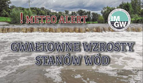 Na górze czerwony napis meteo alert poprzedzony wykrzyknikiem. Obok niego logo Instytutu Meteorologii i Gospodarki Wodnej – niebieski okrąg z białymi literami IMGW, poniżej niebieski napis: gwałtowne wzrosty stanów wód. W tle rwąca rzeka. 