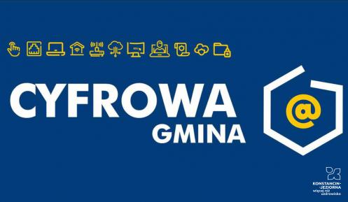 Grafika wektorowa. Na niebieskim tle duży biały napis: cyfrowa gmina. Obok niego grube białe linie, które układają się w kształt otwartego wieloboku, w którym znajduję się żółta litera a. 