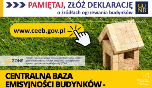 Grafika. Zielona trawa na której stoi mały domek z drewnianych klocków. Obok niego napisy: Pamiętaj, złóż deklarację o źródłach ogrzewania budynków oraz centralna baza emisyjności budynków. Mniejsza czcionką są podane szczegółowe informacje, które zostały powielone w artykule. 