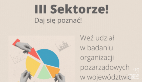 Grafika wektorowa. Na szarym tle tekst: III Sektorze! Daj się poznać! Weź udział w badaniu organizacji pozarządowych w województwie mazowieckim. 