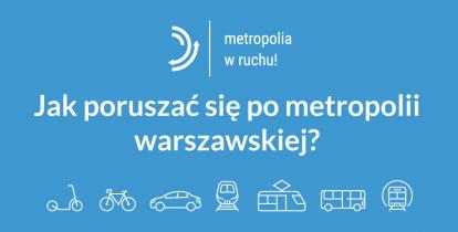 Plakat z napisem "Jak poruszać się po metropolii warszawskiej?". Poniżej grafiki osoba niewidoma, osoba na spacerze, osoba na rowerze. 