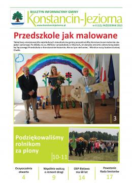 Grafika: okładka Biuletynu Informacyjnego Gminy Konstancin-Jeziorna. Na górze jest duży czerwony napis Przedszkole jak malowane. Pod spodem jest zdjęcie zrobione w sali w przedszkolu. Dwóch mężczyzn i jedna kobieta stoją obok siebie w rzędzie. Jeden z mężczyzn w rękach trzyma duży drewniany klucz.