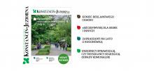 Grafika: w środku okładka nowego numeru Biuletynu Informacyjnego Gminy Konstancin-Jeziorna oraz kolorowe wypunktowania w kształcie kropli, obok tekst ułożony w pionie od góry: koniec reklamowego chaosu, #sczepimy się dla siebie i innych, zapraszamy na lato z Hugonówką, urzędnicy sprawdzają, czy mieszkańcy segregują odpady komunalne.