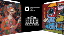 Dwa plakaty po dwóch stronach, jeden dotyczący wystawy w Hugonówce, drugi w Muzeum Villa la Fleur. Po środku logo KDK Hugonówka.